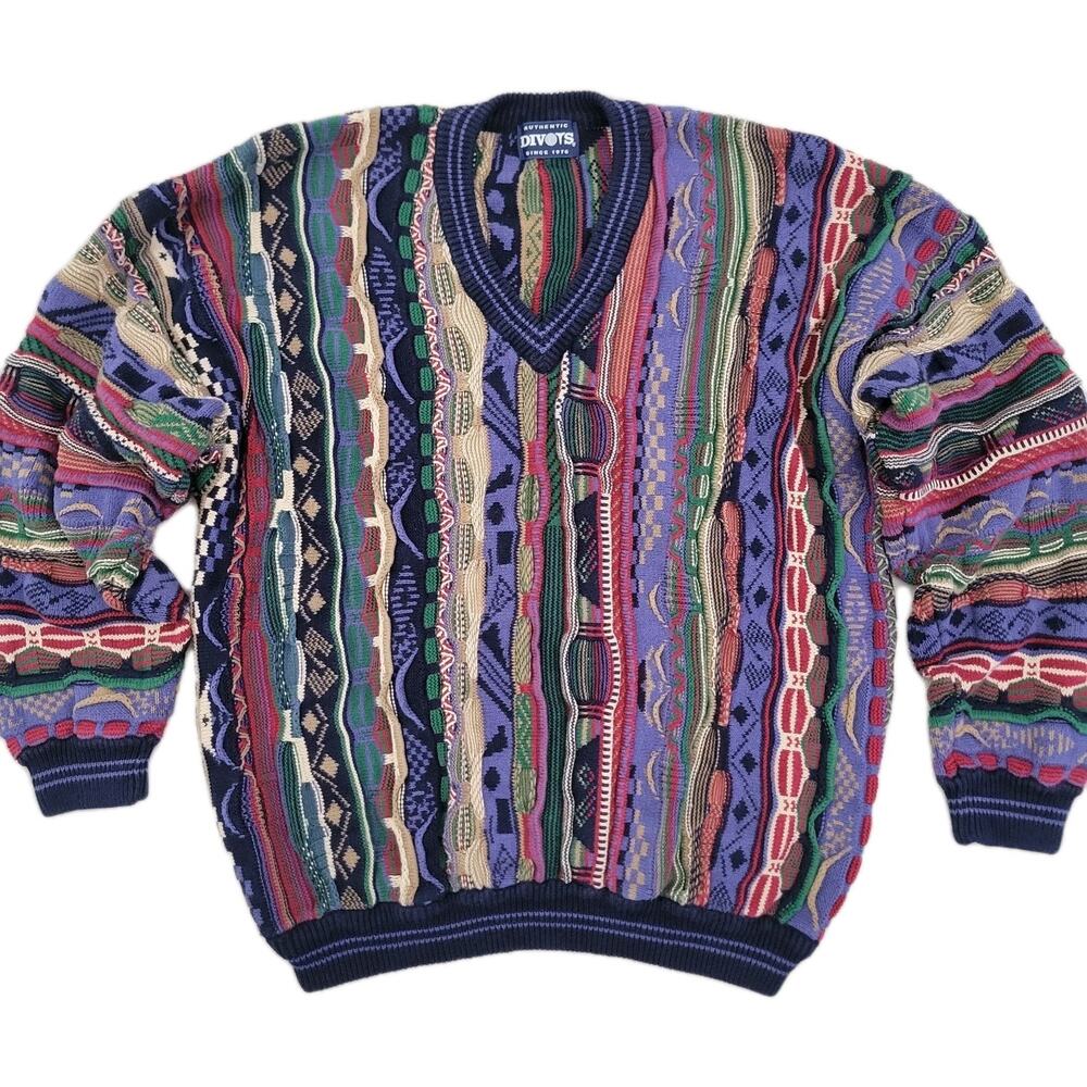 Divots Mens Vintage 90s Coogi Style 3D Textured Knit Sweater Navy Blue M
